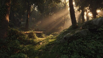 Obraz premium Sunbeams pierce a lush forest