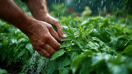 Weathered hands gently nurture vibrant green plants under a refreshing shower of water.