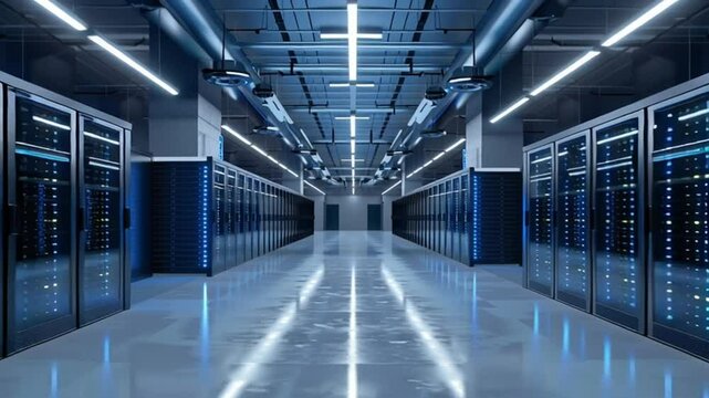 Futuristic animation of IT technician monitoring data flow in a secure server room. Ideal for cybersecurity, cloud technology, and digital infrastructure themes