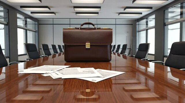 A professional conference room featuring a briefcase and scattered documents on a polished table