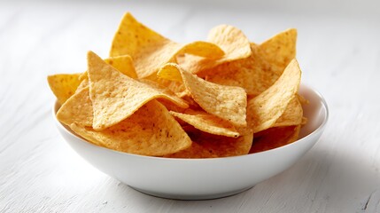 Fresh tortilla chips in a simple dish, placed neatly on a white surface. Great for food styling, snack branding, and fast food content.