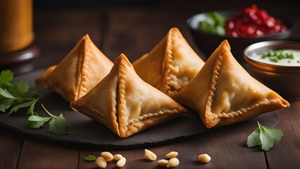 Golden fried Indian samosas filled with spiced potatoes served on authentic plate