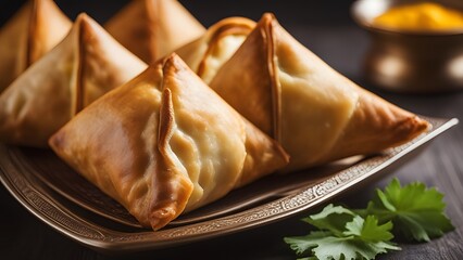 Crispy vegetarian samosas presented with mint chutney on a traditional dish
