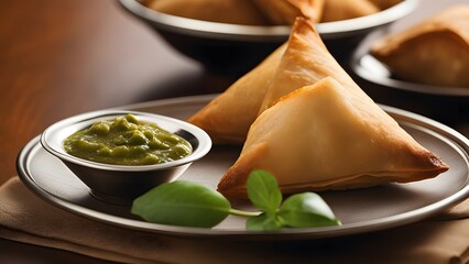 Delicious deep-fried Indian samosas with spicy potato filling and fresh chutney