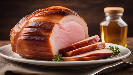 Traditional sliced honey glazed ham served on wooden board in warm lighting