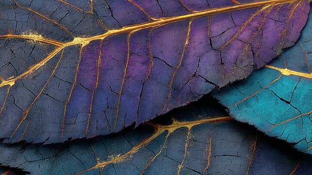 A captivating macro view unveils the intricate golden veins and rich, textured surfaces of vibrant, abstract leaves. - Powered by Adobe
