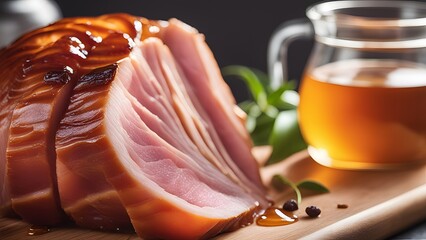 Delicious sliced ham with golden honey glaze prepared for traditional meal