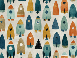 Cute Watercolor Rocket Ship Pattern for Kids on Cream Background