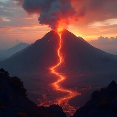 Fototapeta premium Vibrant Volcanic Eruption with Lava Flow During Sunset