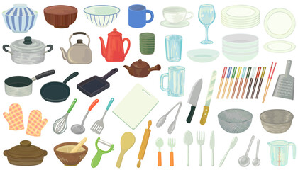 調理器具・食器のイラストセット ベクター素材