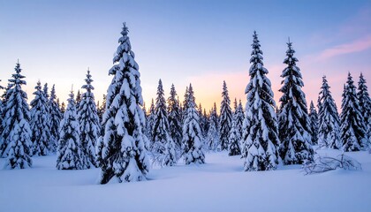 Snowy winter forest at dawn