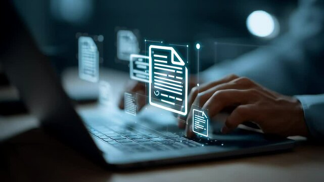 Professional Hands Typing on Laptop with Floating Digital Documents with ai generated - Powered by Adobe