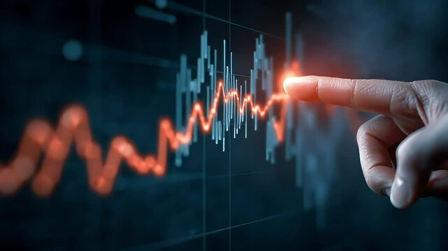 Hand Interacting with Digital Stock Market Chart on Dark Background with ai generated
