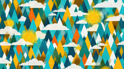 Abstract Mountain Landscape with Clouds and Sun Pattern