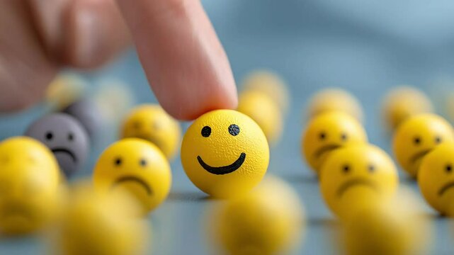 Person Touching Happy Face Among Sad Faces on Blue Background with ai generated