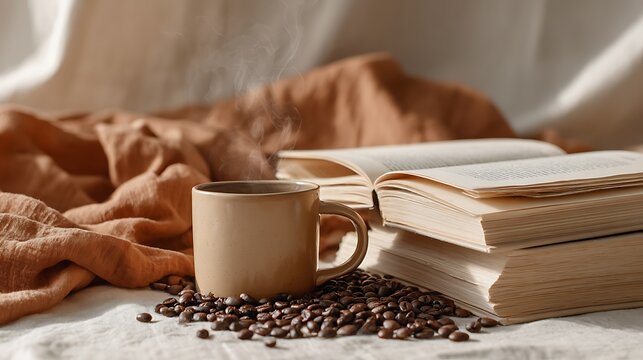 A minimalist flat lay of decaf coffee beans beside a steaming mug surrounded by open books and warm neutral fabrics morning light real photo stock photography