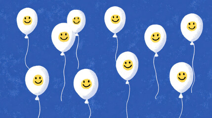 Cheerful Smiley Face Balloons on Blue Background Pattern