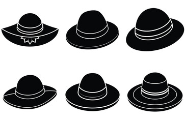 Collection of six black silhouette hats with white outlines on a white background