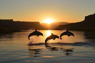 two dolphins jumping out of the water at sunset