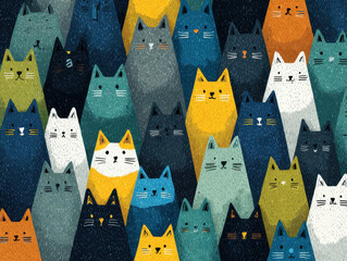 Colorful Cats Pattern Illustration, Whimsical Feline Crowd