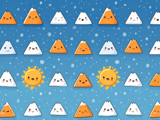 Cute Mountain and Sun Cartoon Pattern with Snowflake Accents