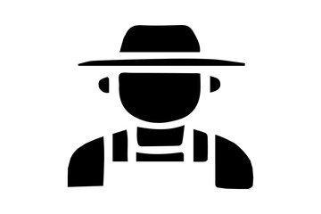 The image is a black silhouette icon of a farmer. The figure is wearing a wide-brimmed hat and overalls, symbolizing a typical agricultural worker