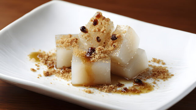 Traditional Kuzu Mochi with Kuromitsu and Kinako on Plate in Japanese Culinary Style