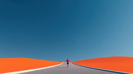 Person Walking Up a Road Between Orange Sand Dunes Under a Clear Blue Sky in a Desert Landscape Scene