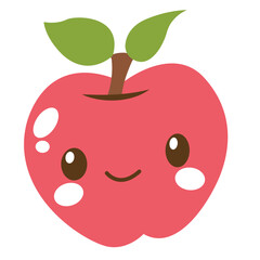Cute smiling red apple with kawaii face and green leaves. Ideal for kids' designs, healthy food illustrations, and fun educational materials.