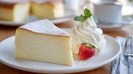 Light and Fluffy Japanese Cheesecake Served with Cream and Strawberry on a Plate