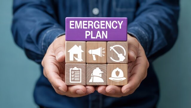 Man holds wooden blocks showing emergency plan concept