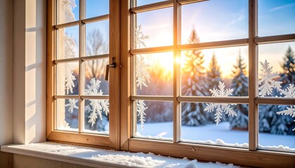 Snowy winter scene through a window with snowflakes
