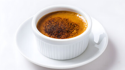 Creamy Hojicha Pudding with Roasted Green Tea Flavor in a Classic White Ramekin