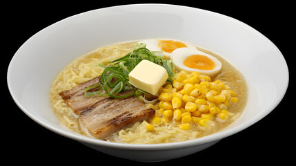 Generous Serving of Ramen with Butter, Corn, Egg, and Tender Pork on a White Plate