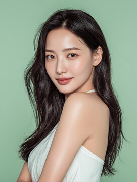 Korean Beauty Model on Light Green Background for Cosmetic Ad and Social Media