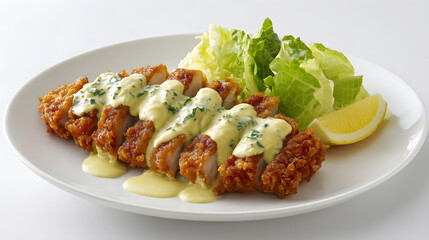 Crispy Fried Chicken Thigh Fillet with Creamy Sauce and Fresh Salad on White Plate