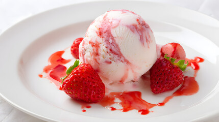 Fresh Strawberry Swirl Ice Cream Scoop Served with Juicy Strawberries on Elegant Plate