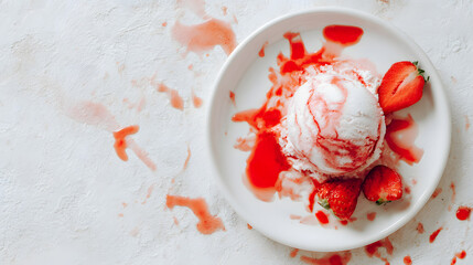 Delicious Strawberry Swirl Ice Cream Scoop with Fresh Strawberries on White Plate and Splashes of Syrup
