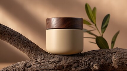 Elegant minimalist cream-colored container with wooden lid placed on tree branch with green leaves background