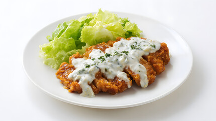 Crispy Fried Chicken Thigh Fillet with Nanban Sauce and Fresh Lettuce on White Plate