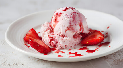 Scoop of Strawberry Swirl Ice Cream Served With Fresh Sliced Strawberries on a White Plate