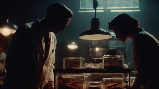 Scientist watches secret experiment in dark lab with scientist focused on dangerous task. Scientist operates hidden research for cold war mind control. Scientist works alone in secret room.