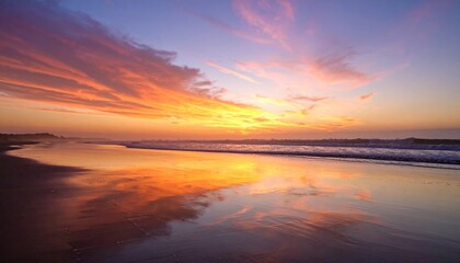 Sunset over beach, vibrant colors reflected