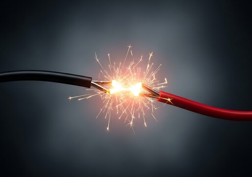 Two exposed electrical wires sparking with bright orange and yellow energy against a dark background