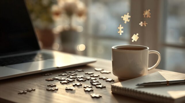 Cozy workspace with scattered puzzle pieces, a steaming cup of coffee, open notebook, and laptop on wooden desk in warm natural light