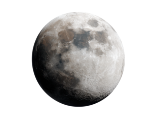 Detailed lunar surface with craters and maria against black moon celestial, Isolated, Transparent Png