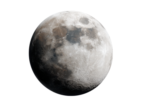 Detailed lunar surface with craters and maria against black moon celestial, Isolated, Transparent Png
