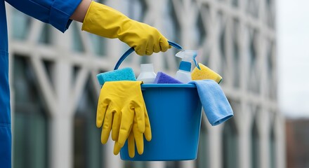 Blue Bucket with Cleaning Supplies