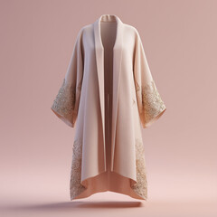 mock up tunic, tunic with elegant design, soft beige material with neat cuts at the bottom and sleeves, clean light pink background, ai generated images.