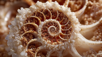 Intricate spiral chambers of an ancient ammonite fossil beautifully preserved with sparkling mineral crystals.